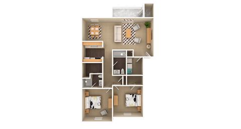 Floor plan for 2 beds, 2 baths, 1073 sqft
